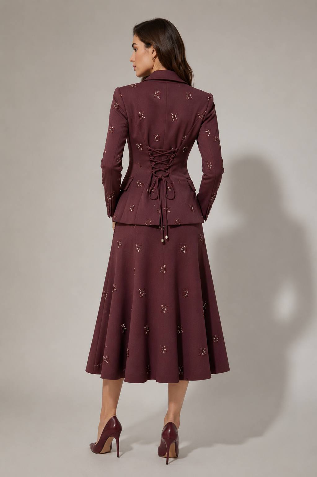Plum Blossom Embellished Corset-Back Skirt Suit Set