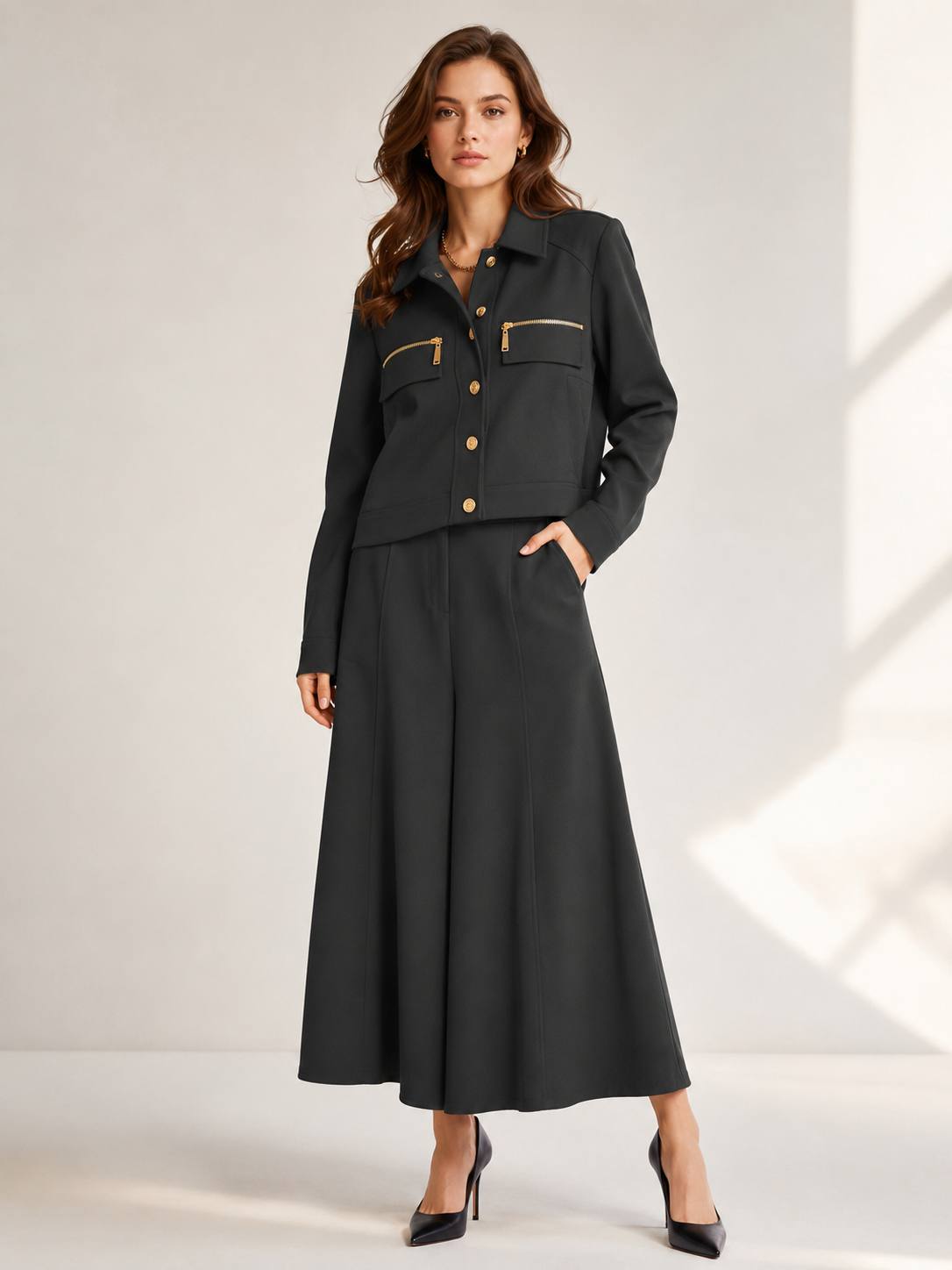 Midnight Luxe Gold-Button Jacket & Flowing Midi Skirt Set