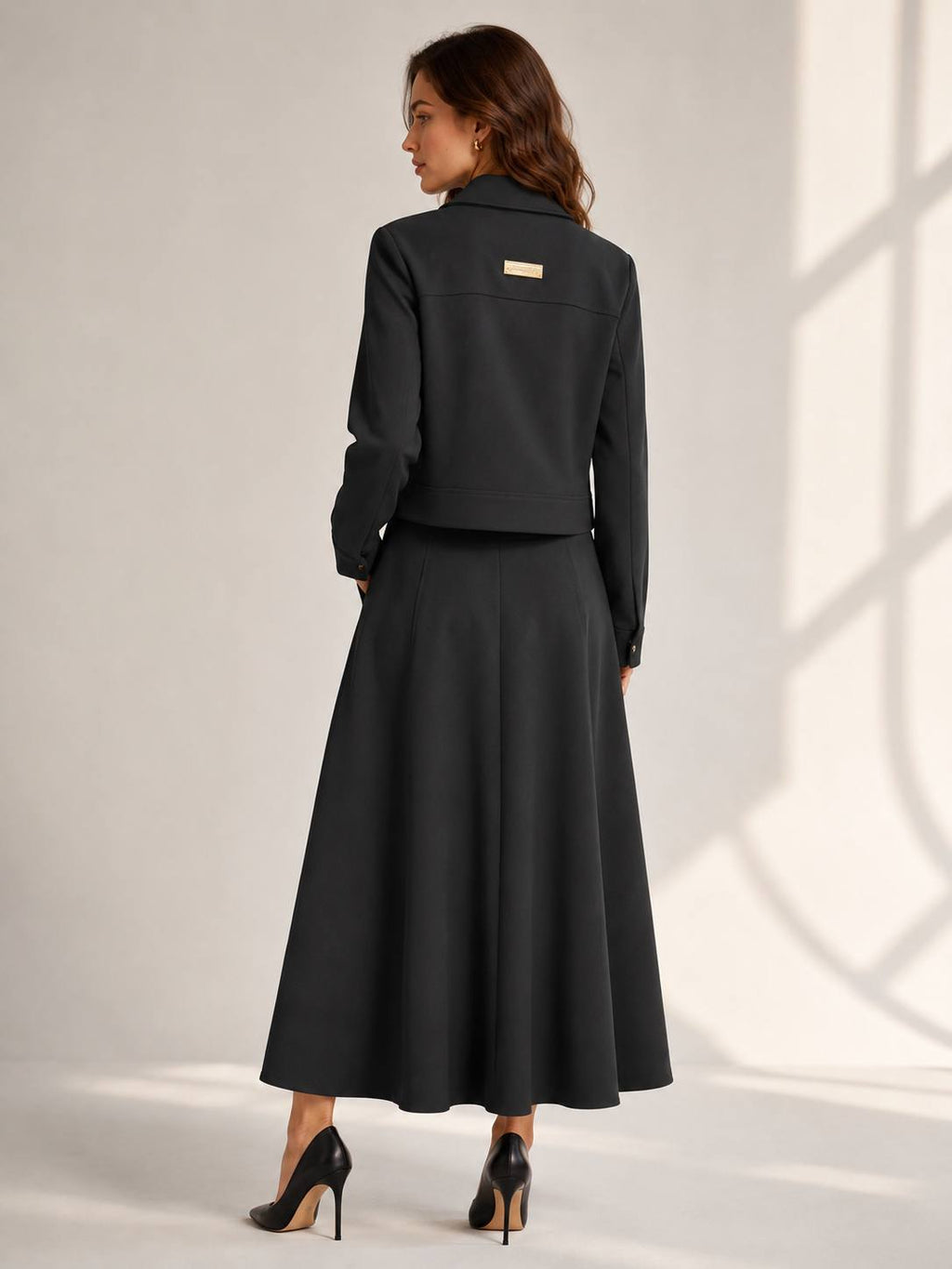 Midnight Luxe Gold-Button Jacket & Flowing Midi Skirt Set