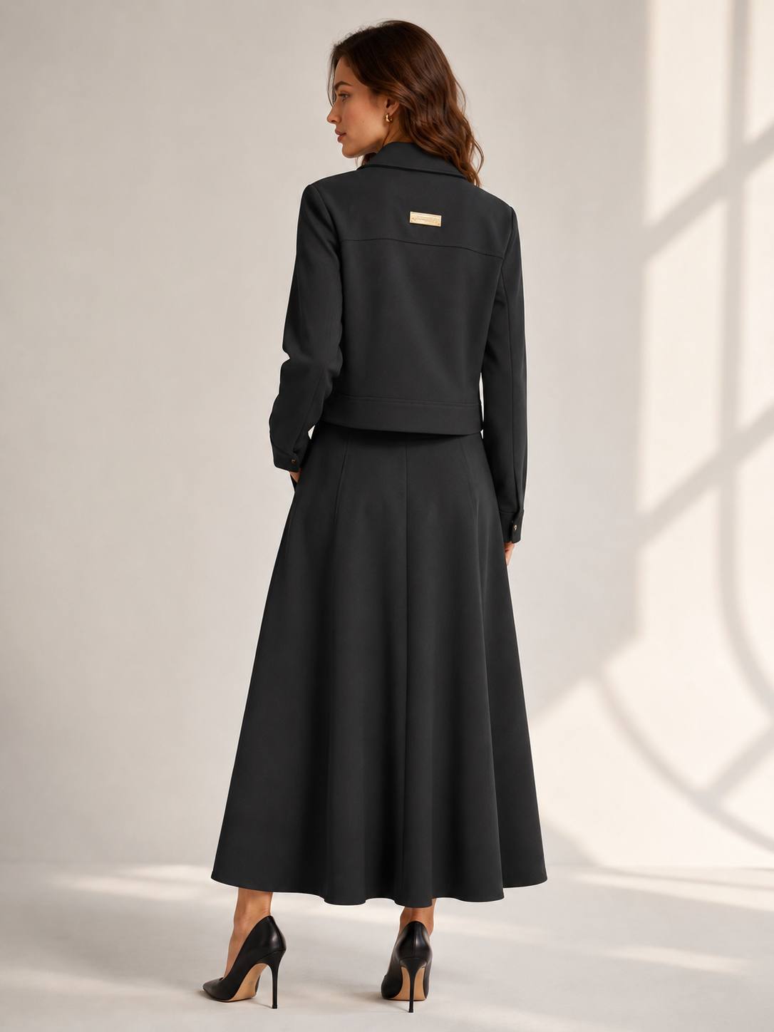 Midnight Luxe Gold-Button Jacket & Flowing Midi Skirt Set