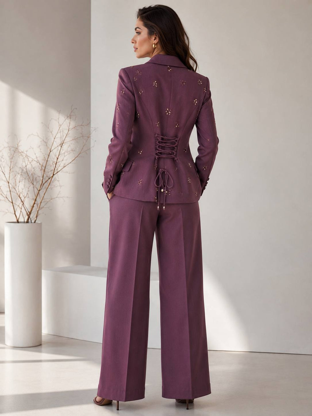 Royal Amethyst Embellished Corset-Back Blazer & Wide-Leg Trouser Set