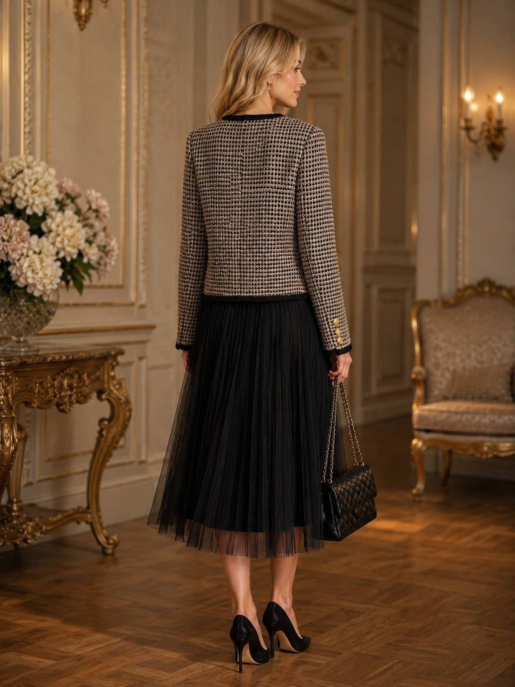 Paris Noir Tweed Jacket & Pleated Tulle Midi Skirt Set