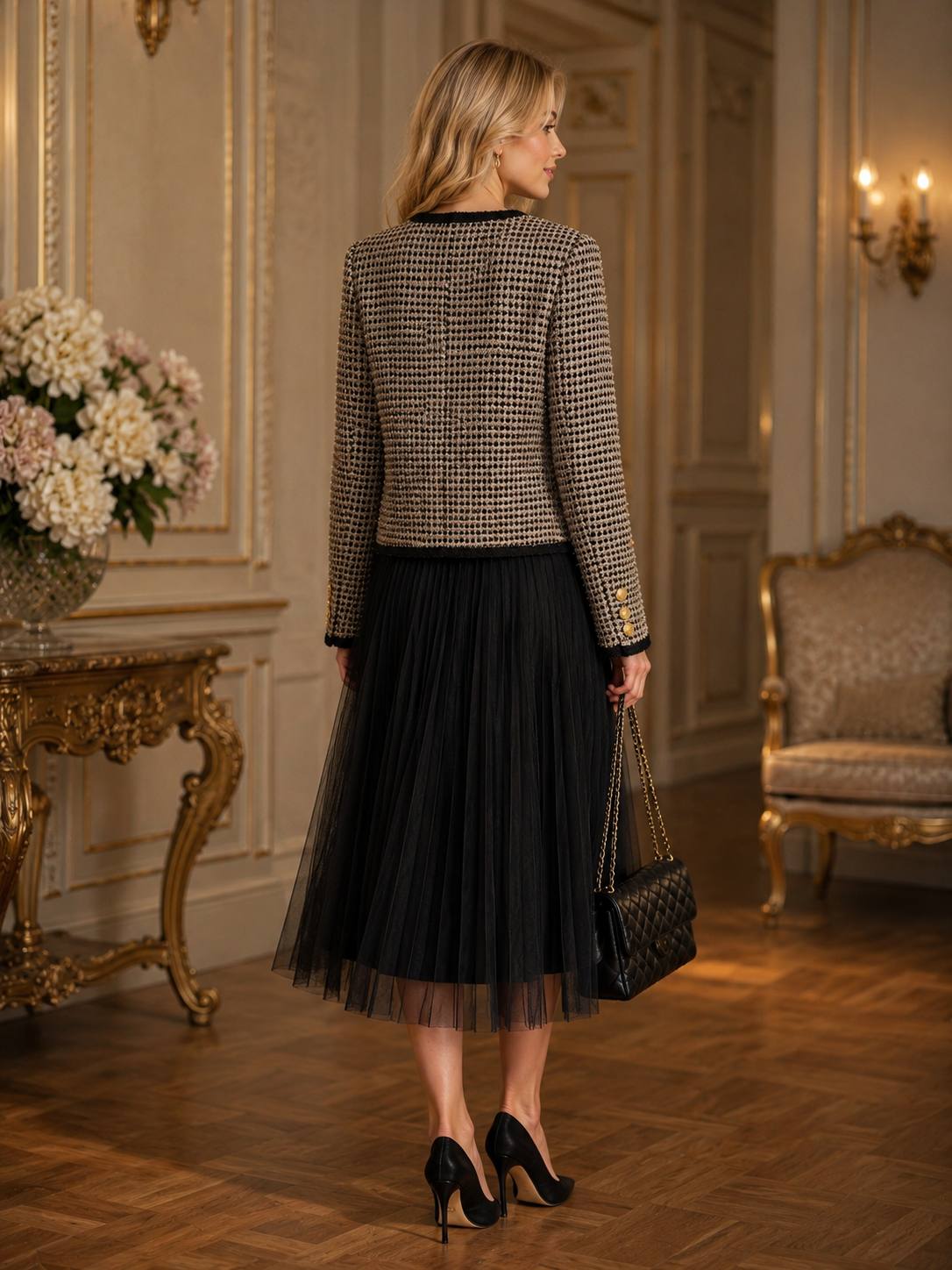 Paris Noir Tweed Jacket & Pleated Tulle Midi Skirt Set