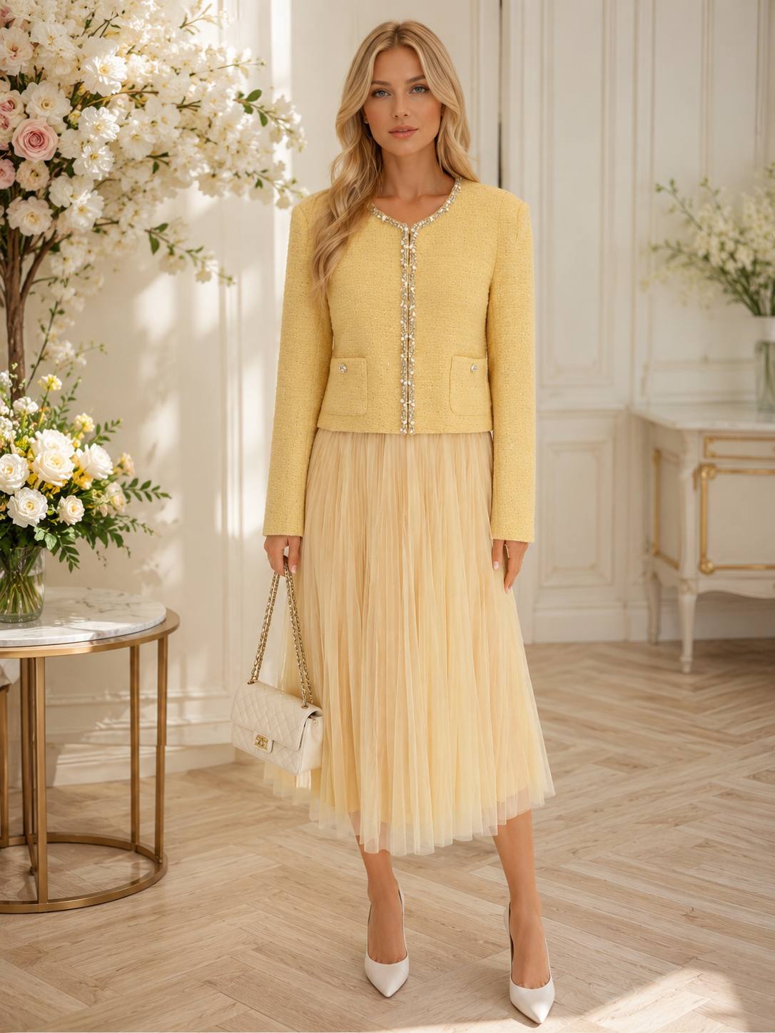 Golden Dawn Embellished Tweed Jacket & Tulle Midi Skirt Set