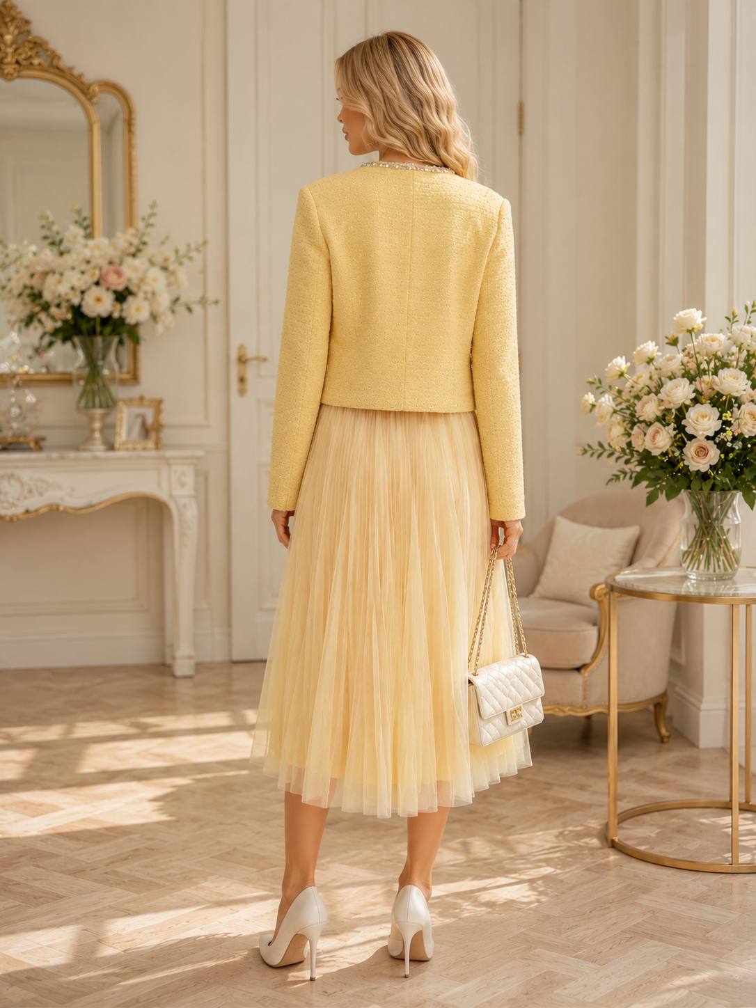 Golden Dawn Embellished Tweed Jacket & Tulle Midi Skirt Set