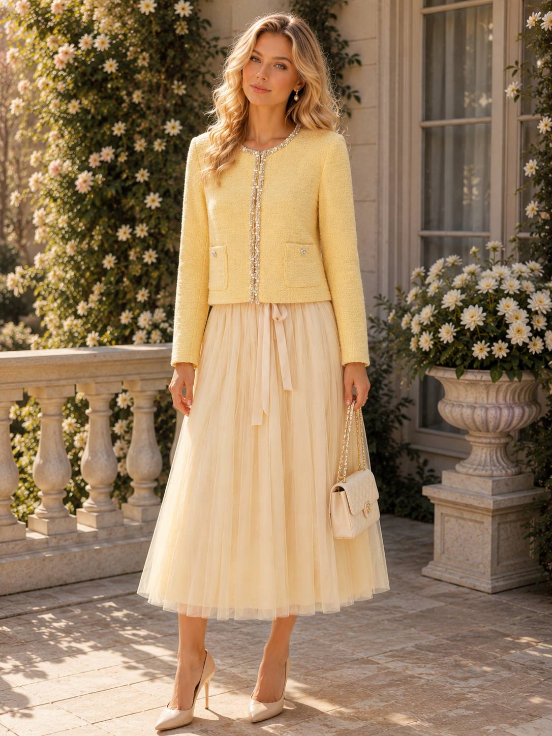 Golden Dawn Embellished Tweed Jacket & Tulle Midi Skirt Set