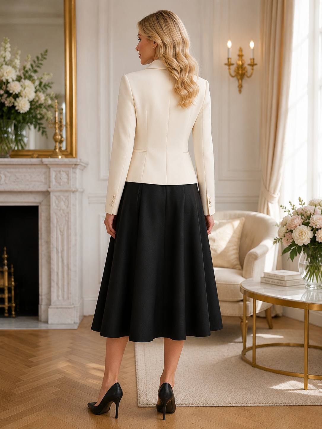 Ivory Elegance Cropped Blazer & Black A-Line Midi Skirt Set