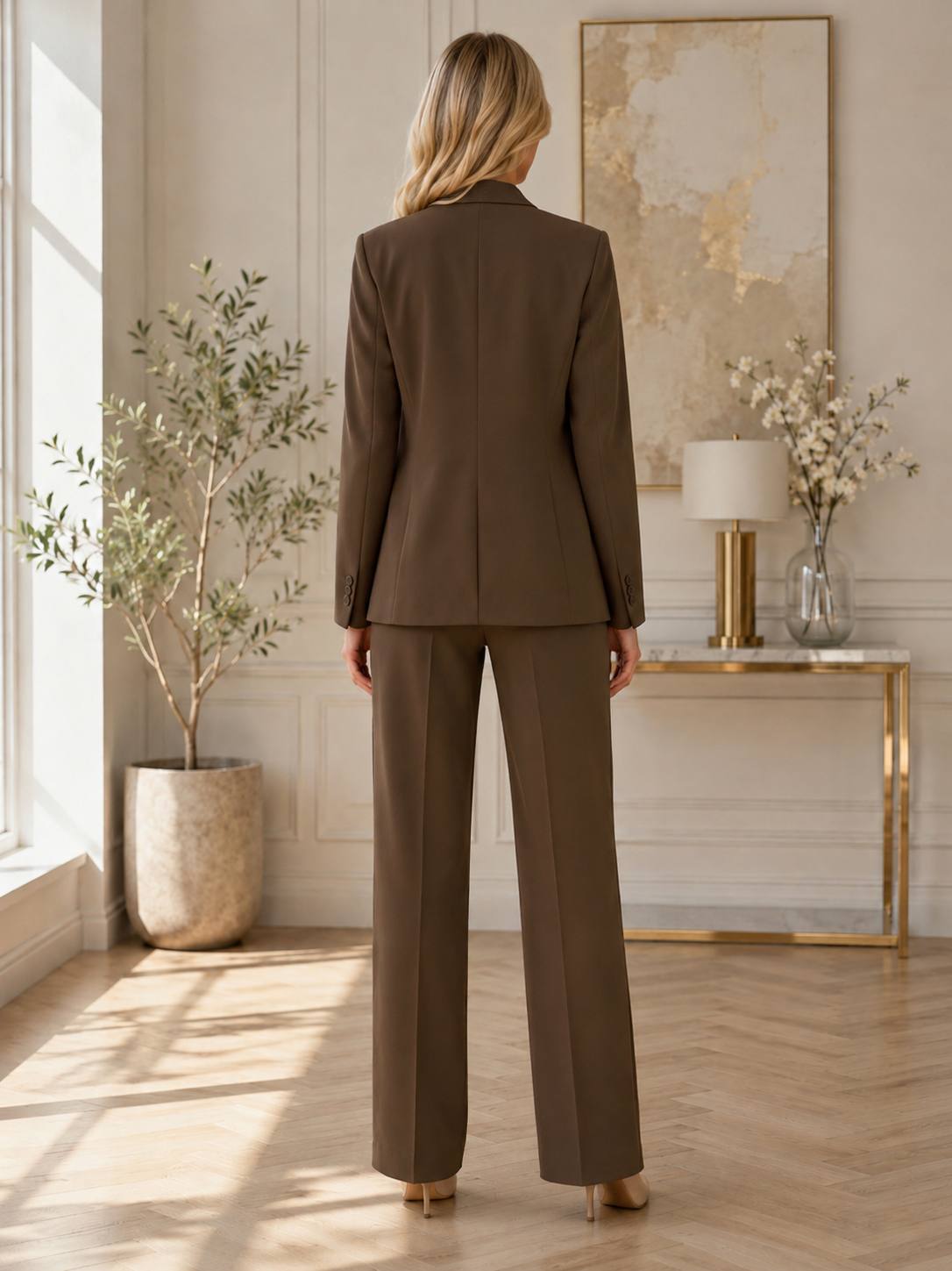 Mocha Elegance Crystal-Trim Tailored Pantsuit Set