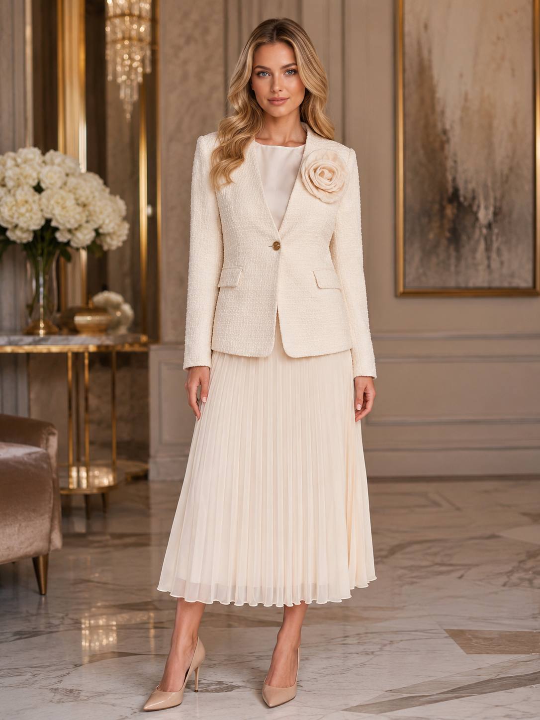 Ivory Rose Textured Blazer & Pleated Midi Skirt Set