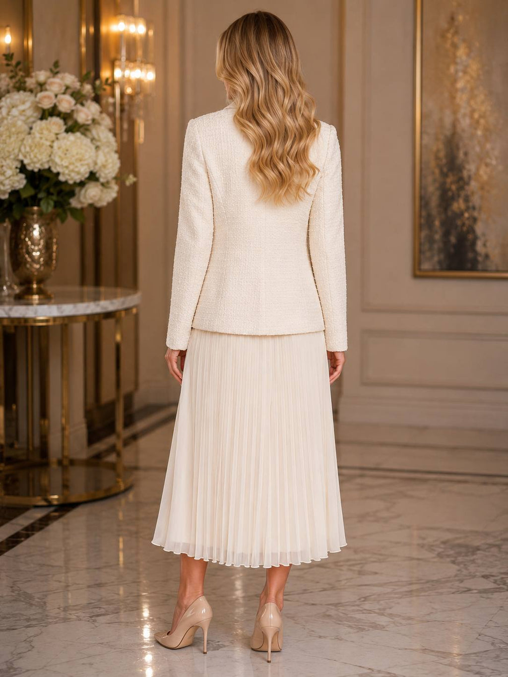 Ivory Rose Textured Blazer & Pleated Midi Skirt Set