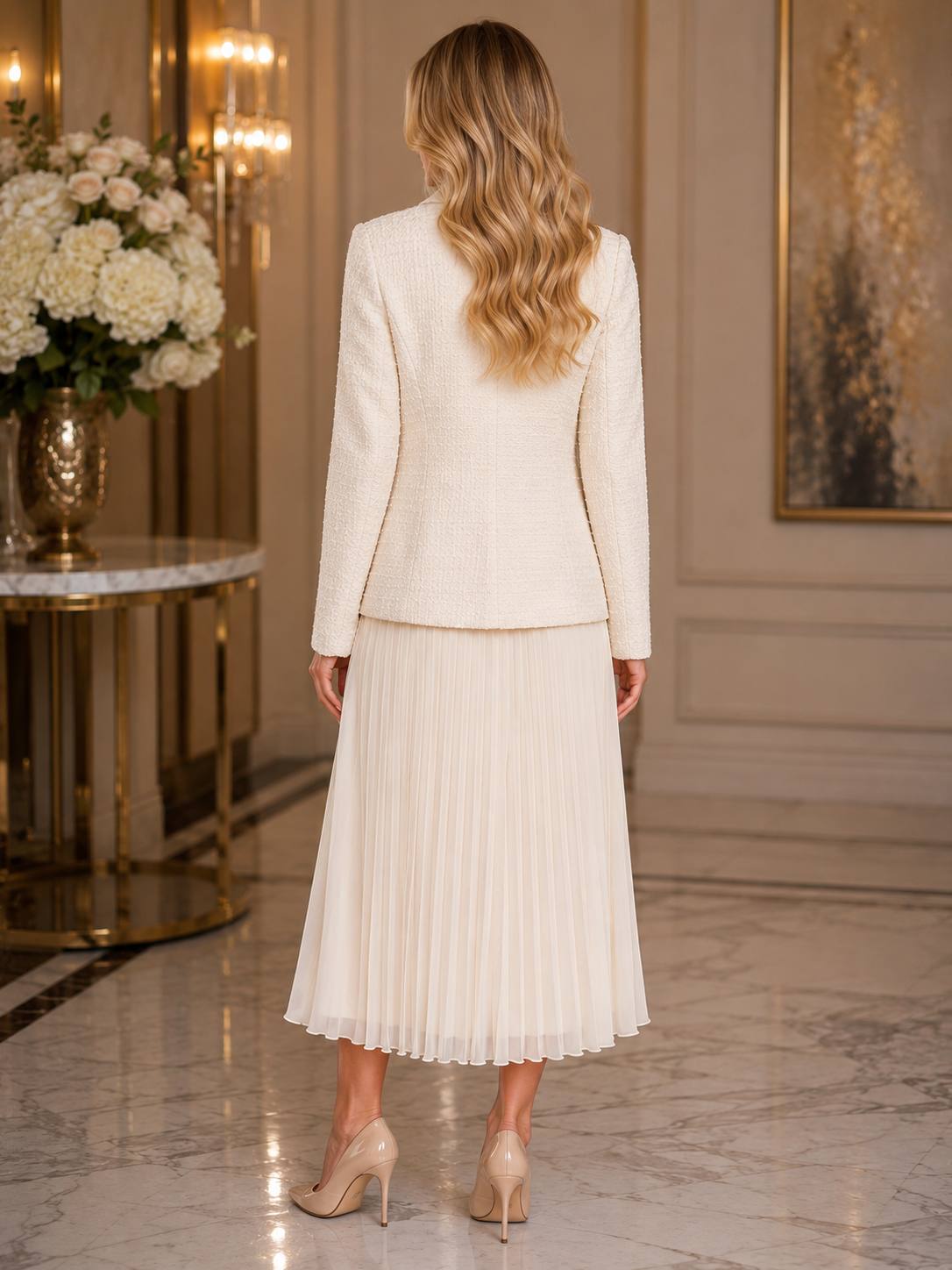 Ivory Rose Textured Blazer & Pleated Midi Skirt Set