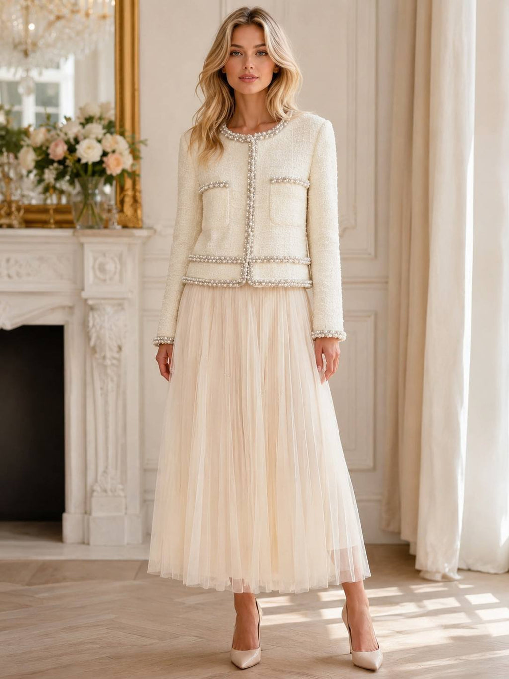 Ivory Pearl-Trim Bouclé Jacket & Crystal Tulle Midi Skirt Set