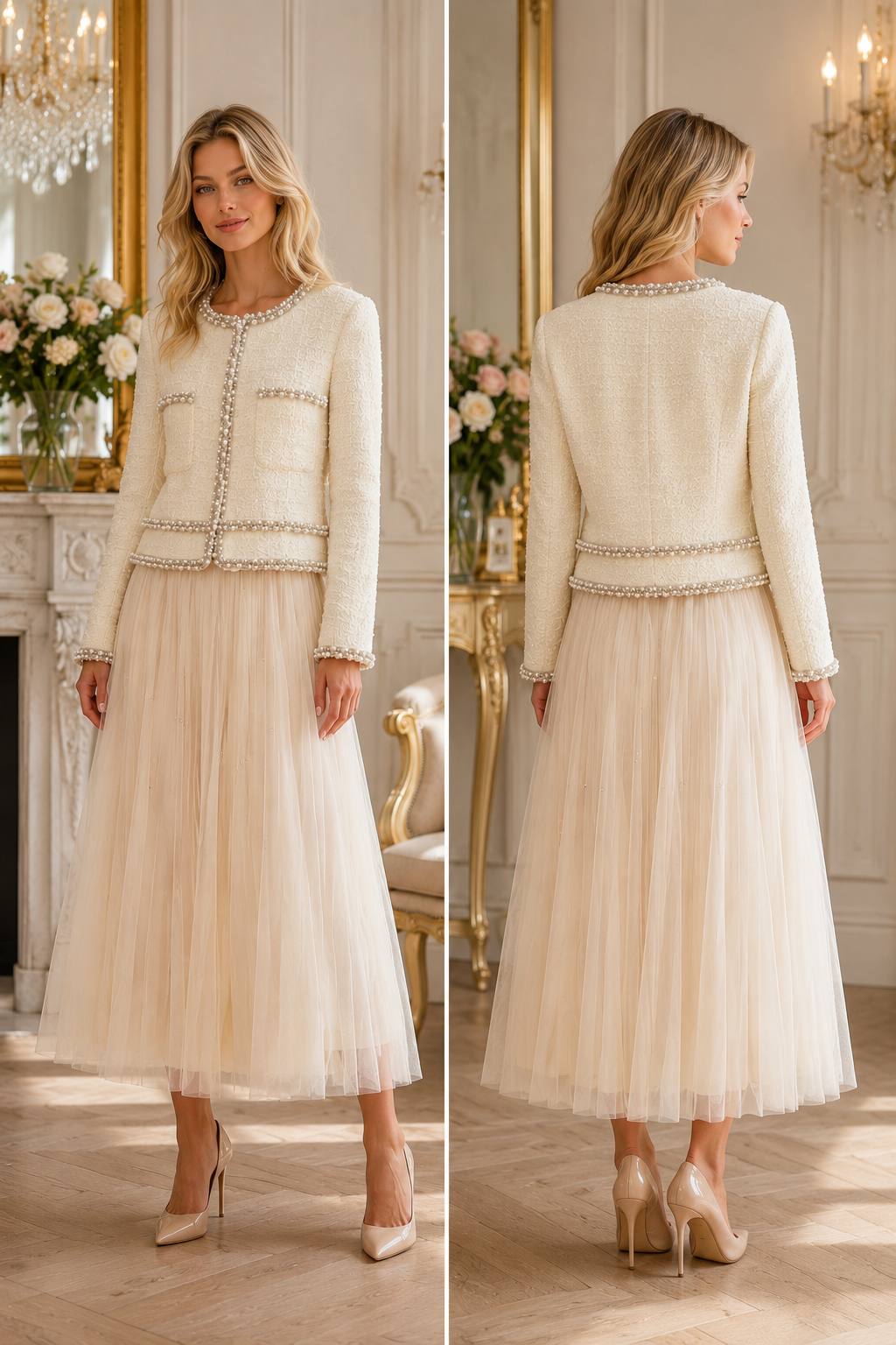 Ivory Pearl-Trim Bouclé Jacket & Crystal Tulle Midi Skirt Set