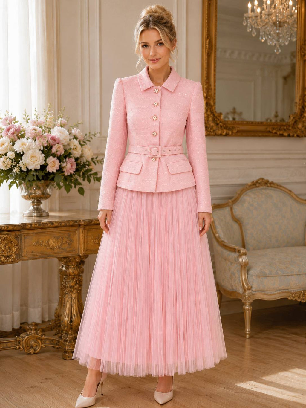 Rosé Bloom Tweed Jacket & Tulle Maxi Skirt Set
