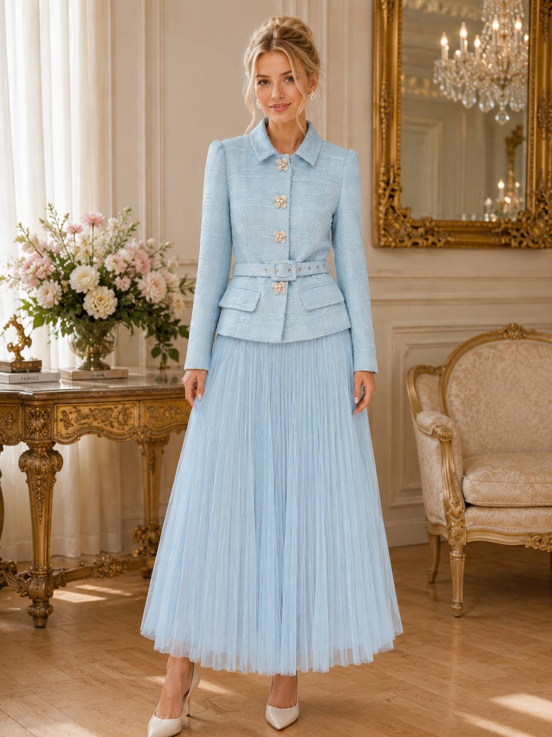 Rosé Bloom Tweed Jacket & Tulle Maxi Skirt Set