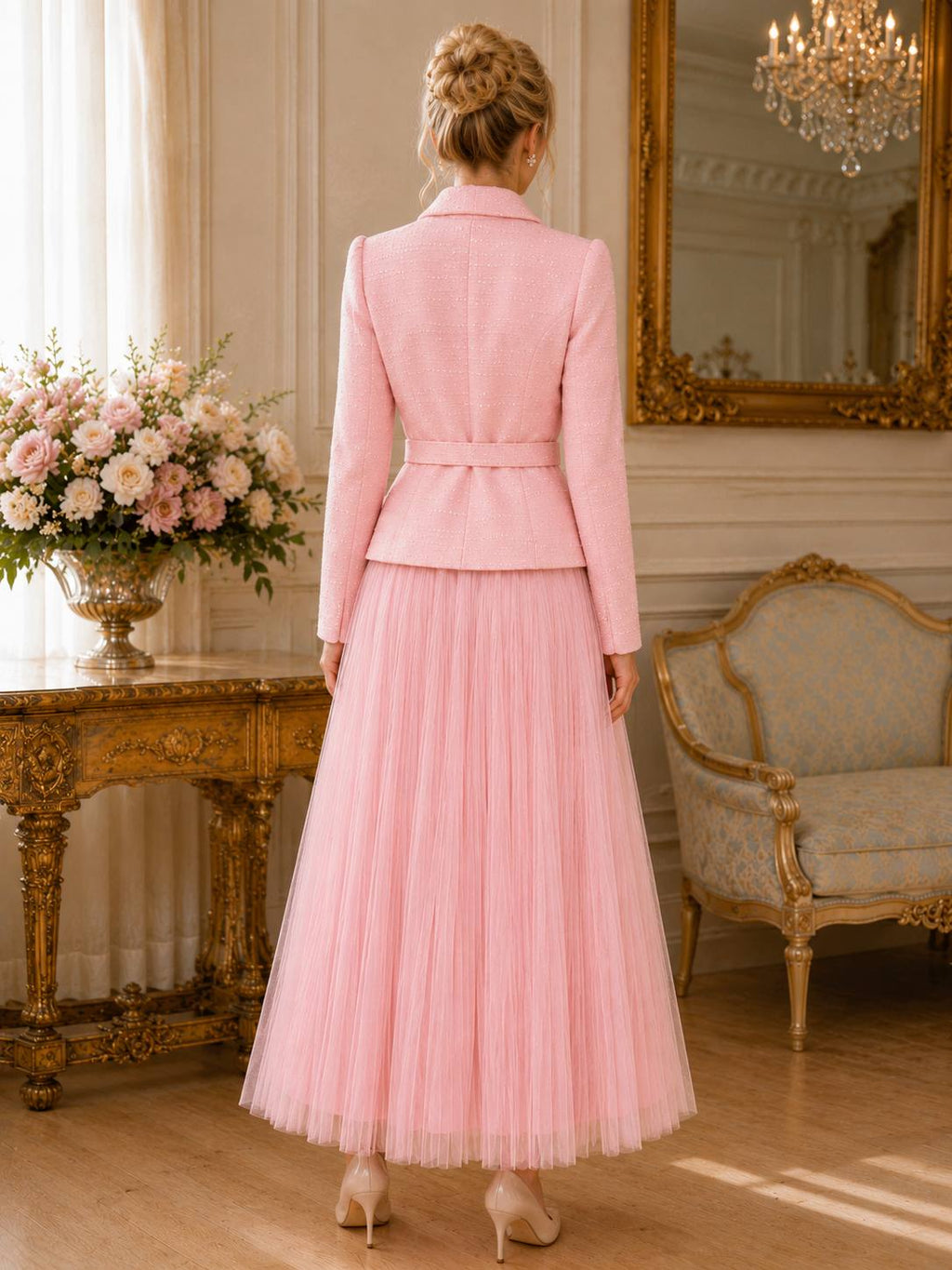 Rosé Bloom Tweed Jacket & Tulle Maxi Skirt Set