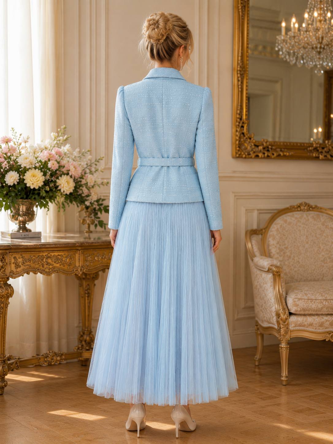 Rosé Bloom Tweed Jacket & Tulle Maxi Skirt Set