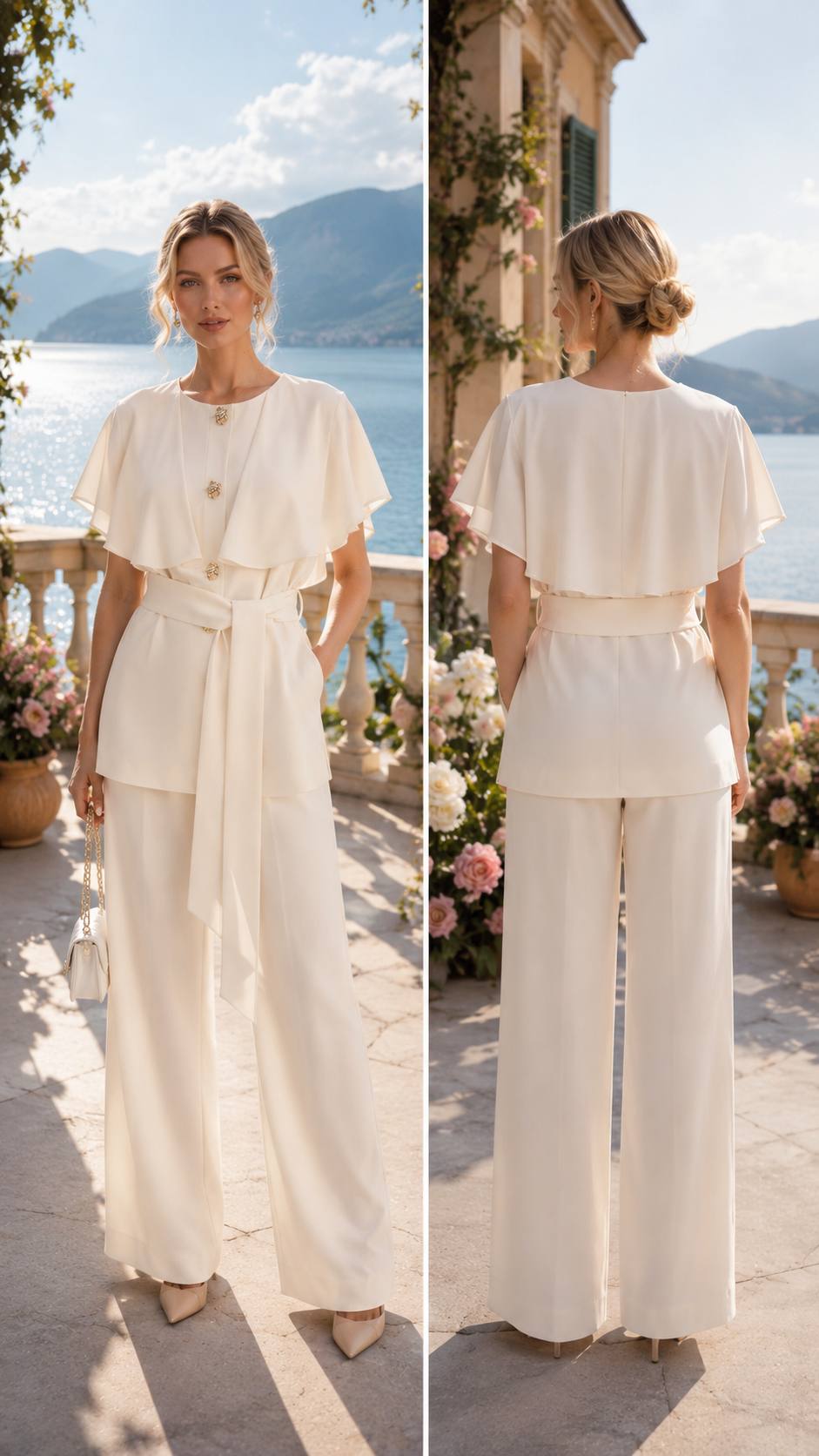 Blush Elegance Cape Top & Wide-Leg Trouser Set