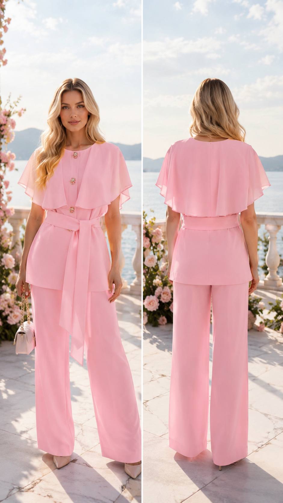Blush Elegance Cape Top & Wide-Leg Trouser Set