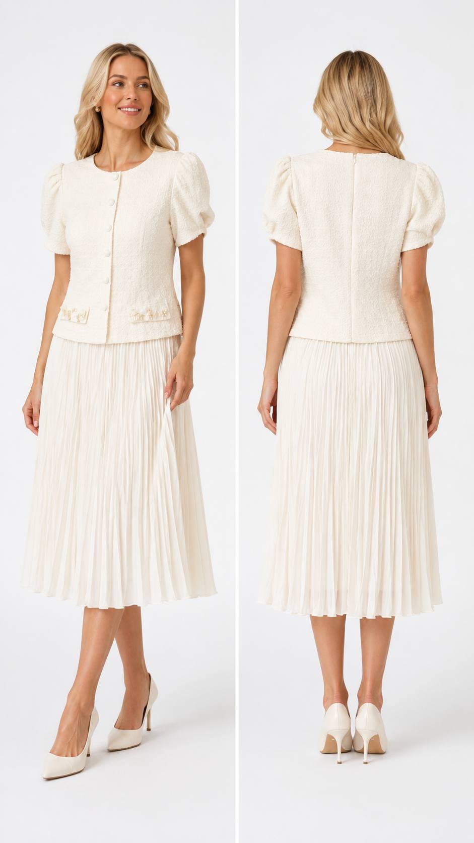 Ivory Grace Textured Top & Pleated Midi Skirt Set