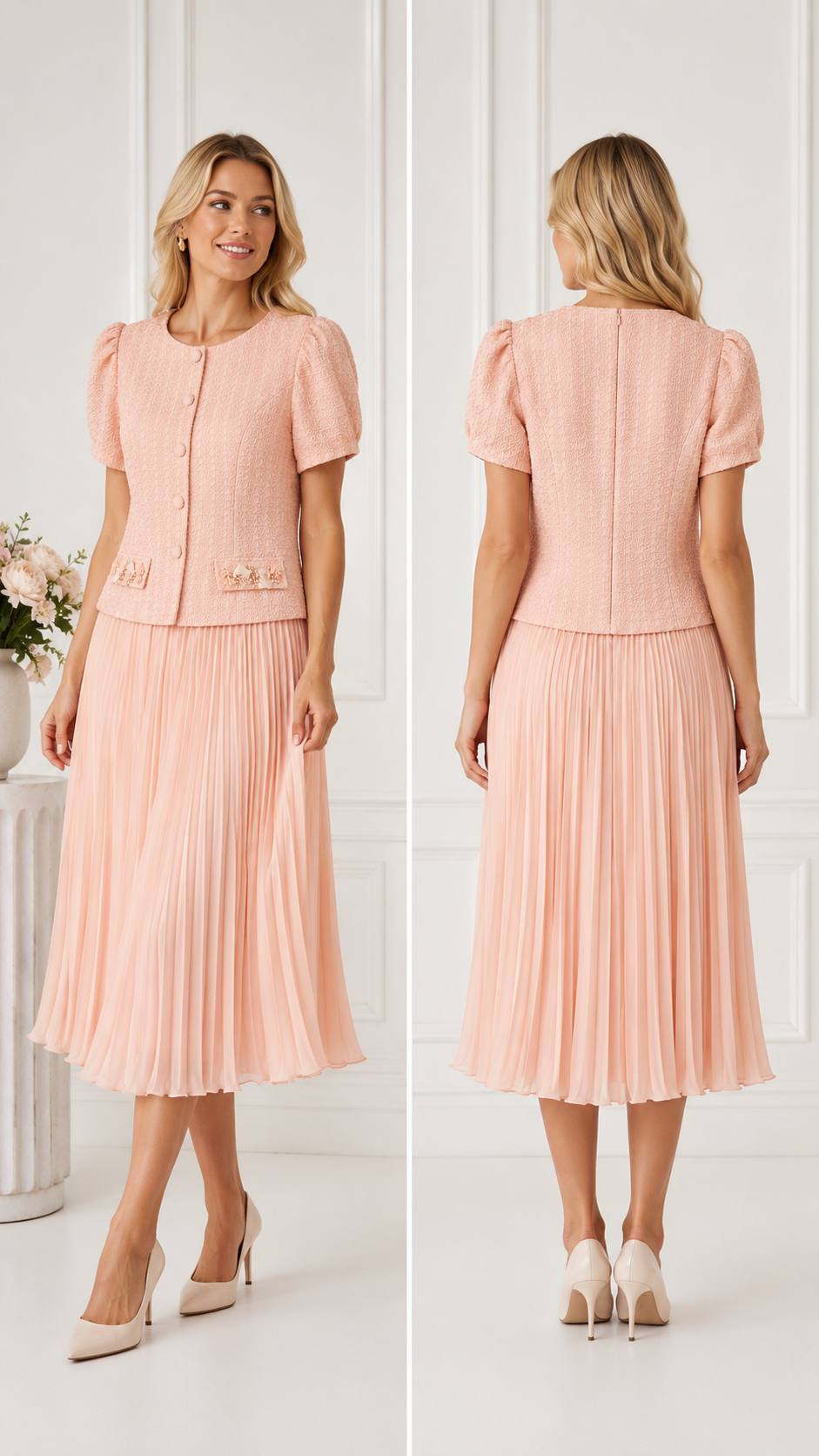 Ivory Grace Textured Top & Pleated Midi Skirt Set
