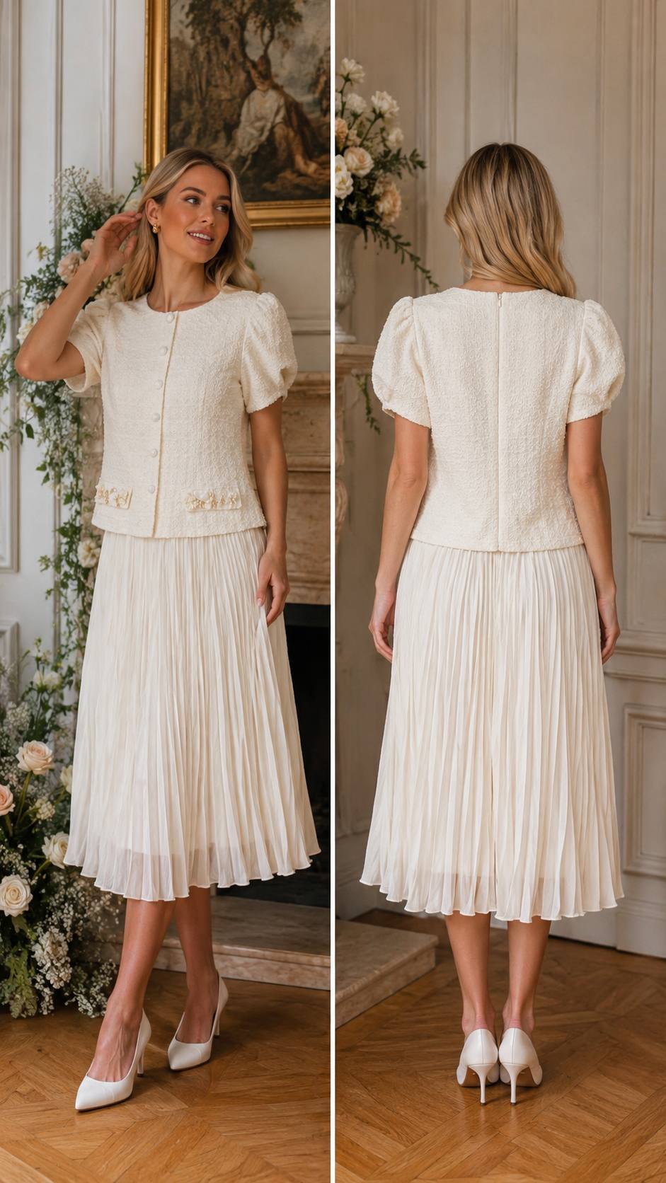 Ivory Grace Textured Top & Pleated Midi Skirt Set