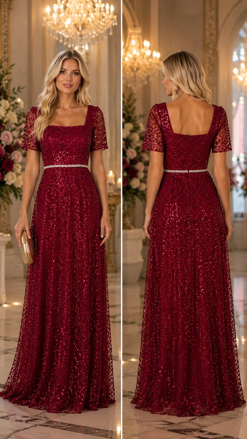 Rosalie Burgundy Sequin Maxi Evening Gown