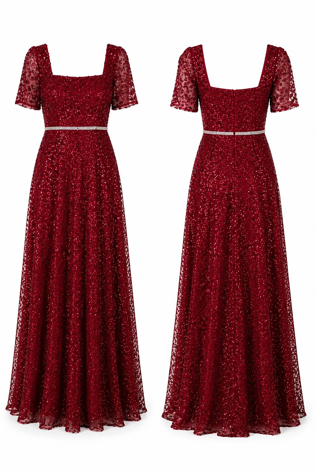 Rosalie Burgundy Sequin Maxi Evening Gown