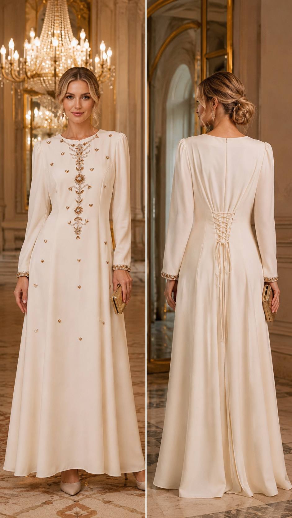 ROSKOSH Celestia Embellished Maxi Dress – Ivory