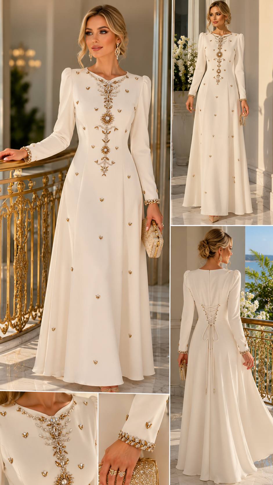 ROSKOSH Celestia Embellished Maxi Dress – Ivory