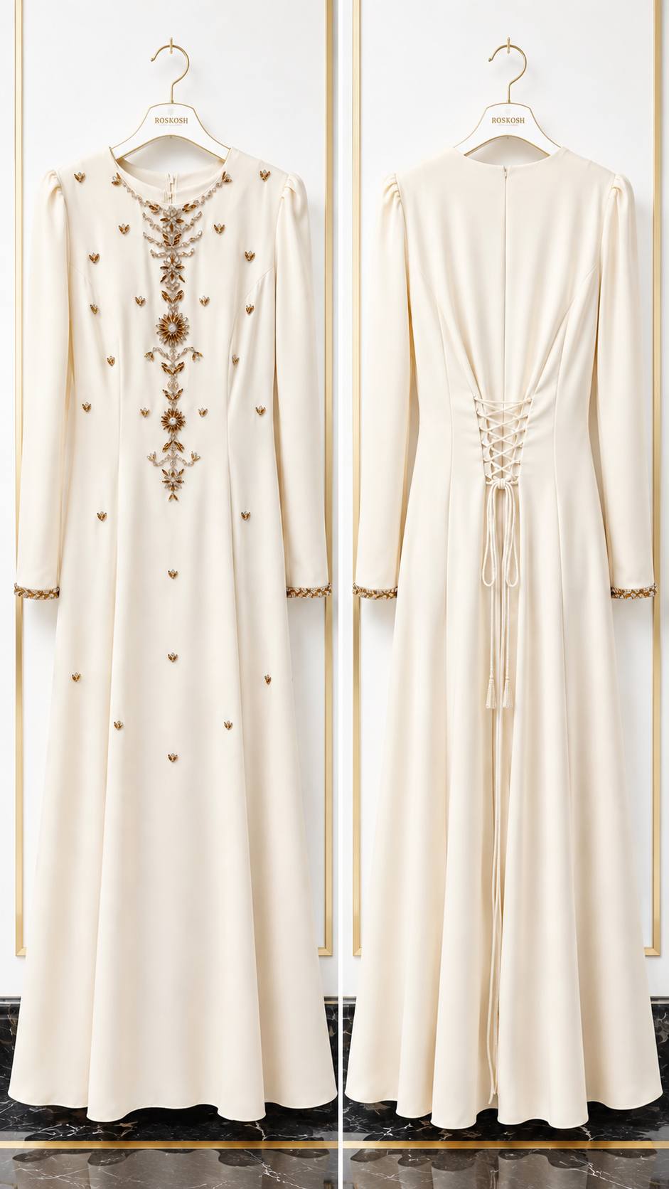 ROSKOSH Celestia Embellished Maxi Dress – Ivory