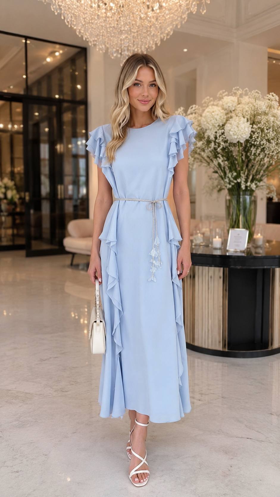 Sky Blue Ruffle Maxi Dress with Crystal Tie Belt