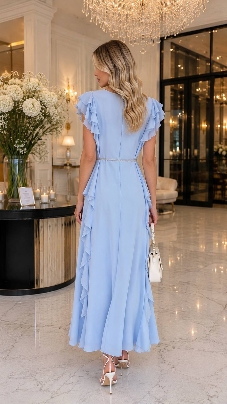 Sky Blue Ruffle Maxi Dress with Crystal Tie Belt