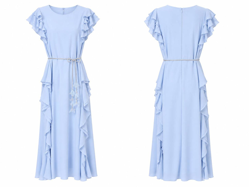 Sky Blue Ruffle Maxi Dress with Crystal Tie Belt