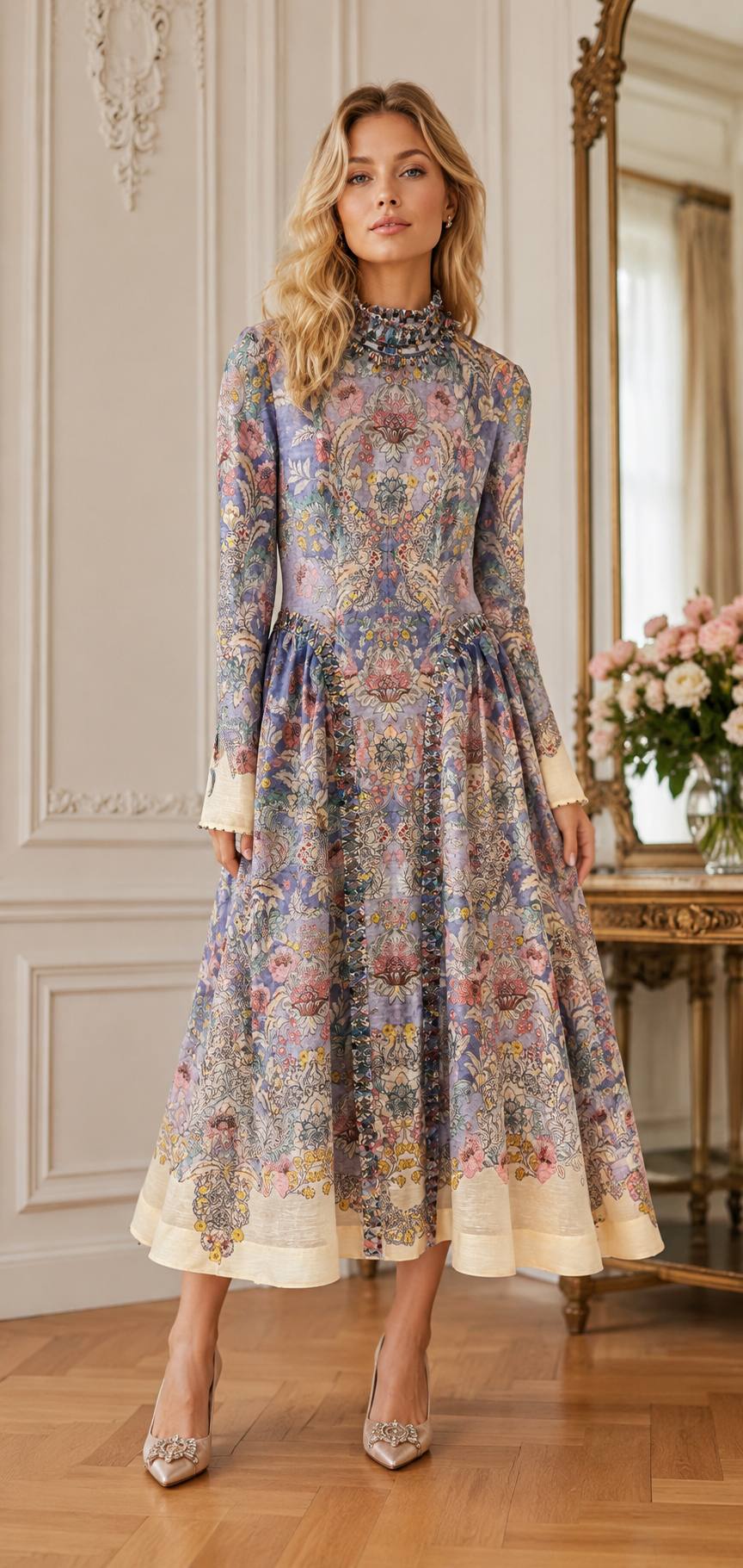 Elegant Vintage Floral Maxi Dress with Beaded High Neck