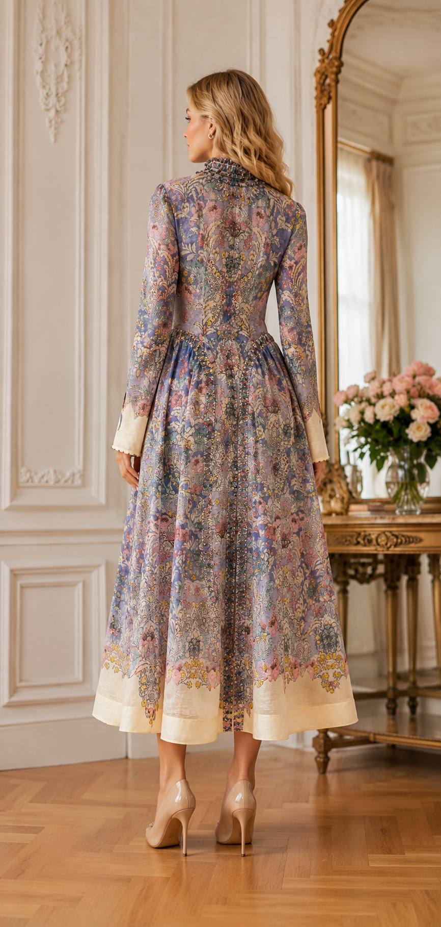 Elegant Vintage Floral Maxi Dress with Beaded High Neck