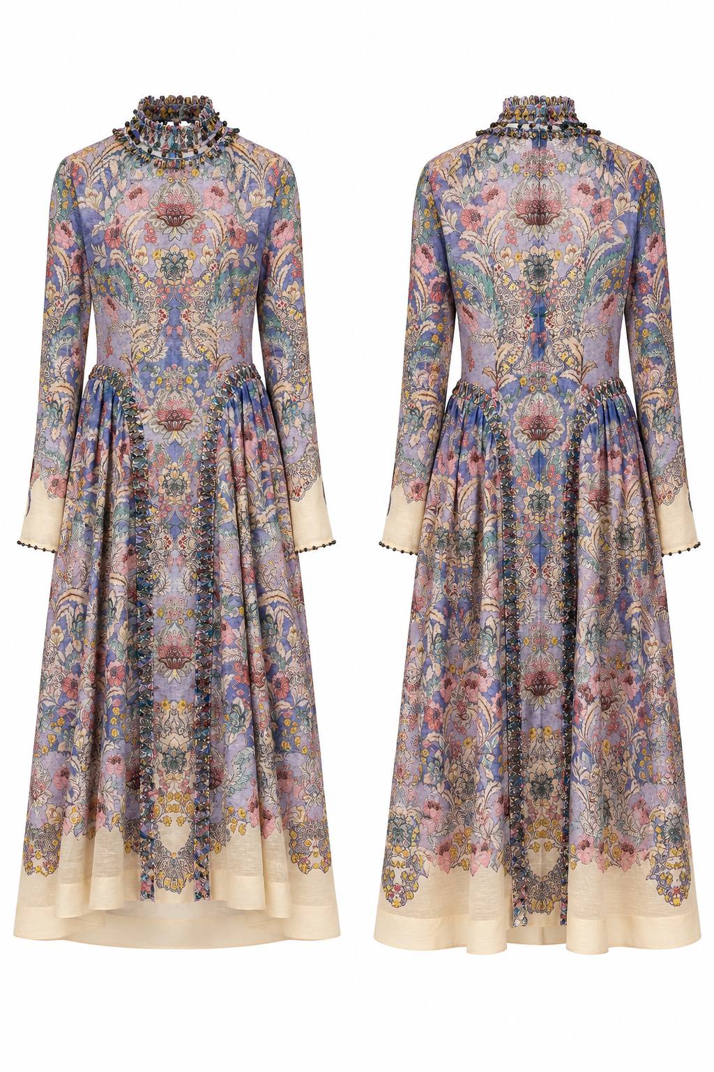 Elegant Vintage Floral Maxi Dress with Beaded High Neck