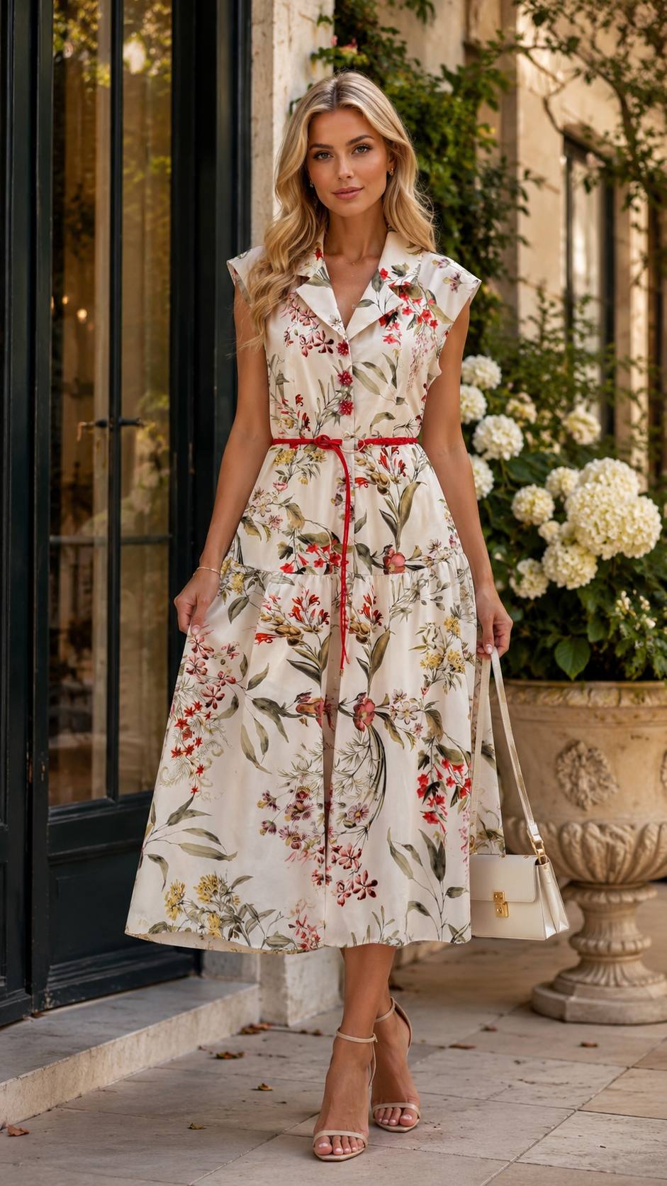 Botanical Bloom Midi Shirt Dress with Red Braided Belt
