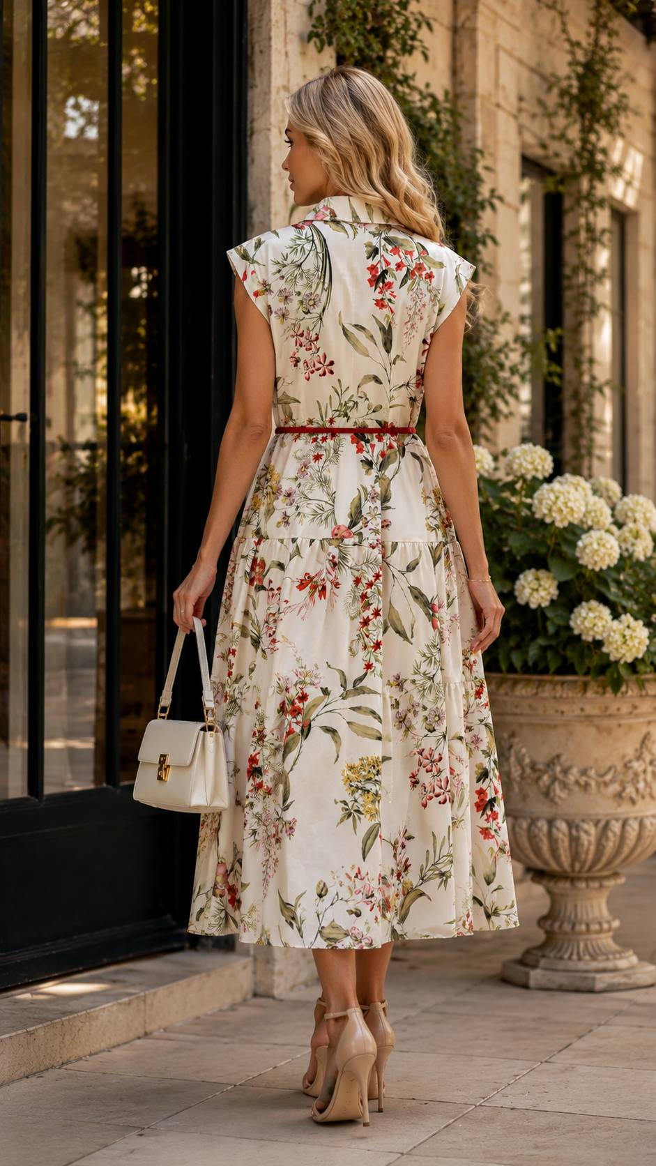 Botanical Bloom Midi Shirt Dress with Red Braided Belt