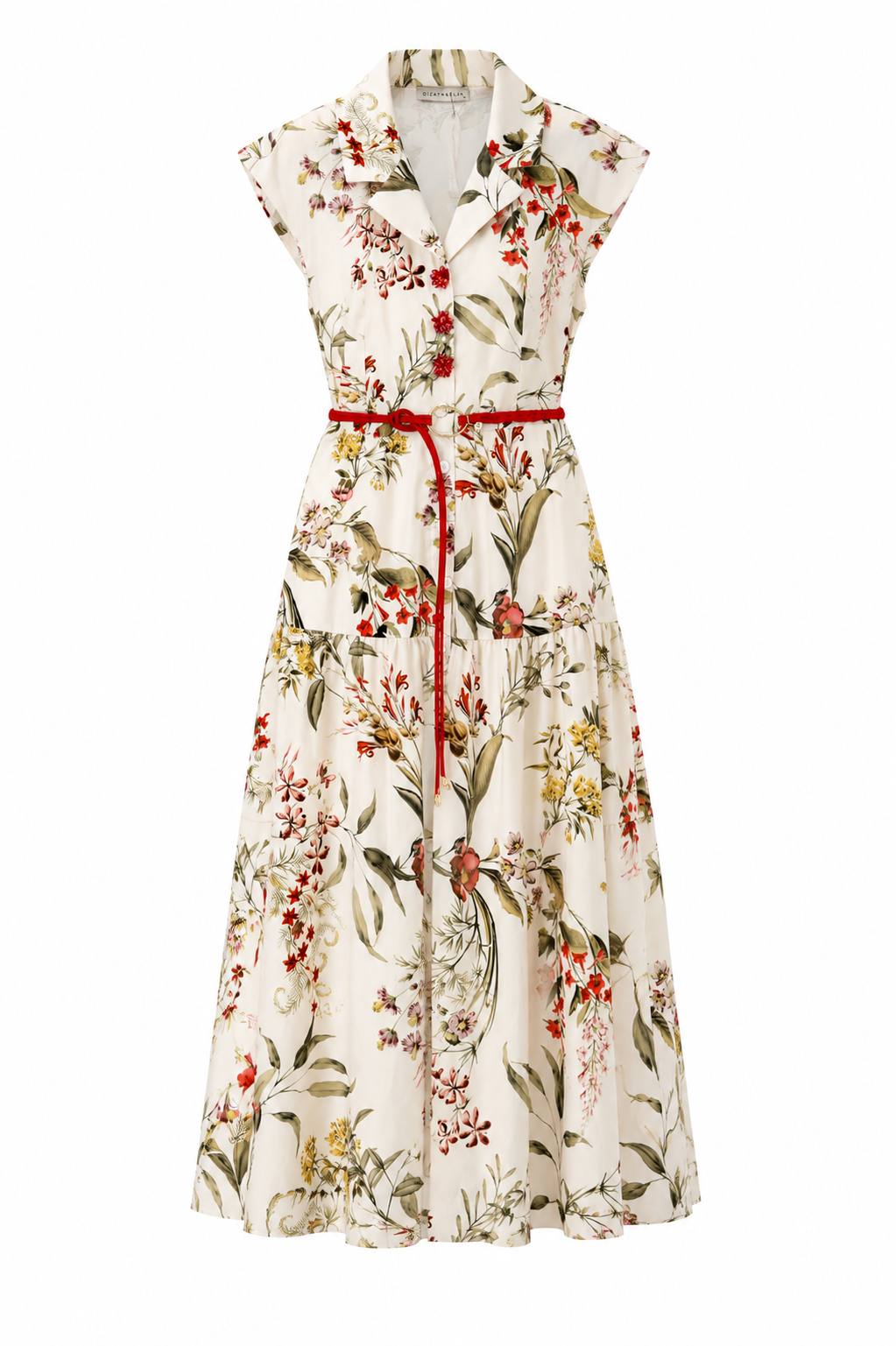 Botanical Bloom Midi Shirt Dress with Red Braided Belt