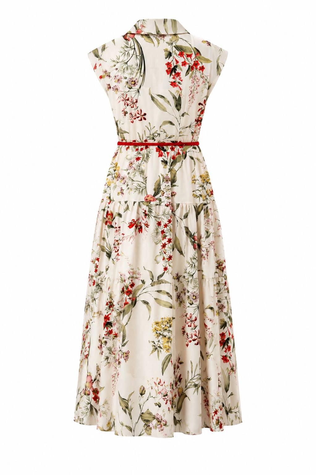 Botanical Bloom Midi Shirt Dress with Red Braided Belt