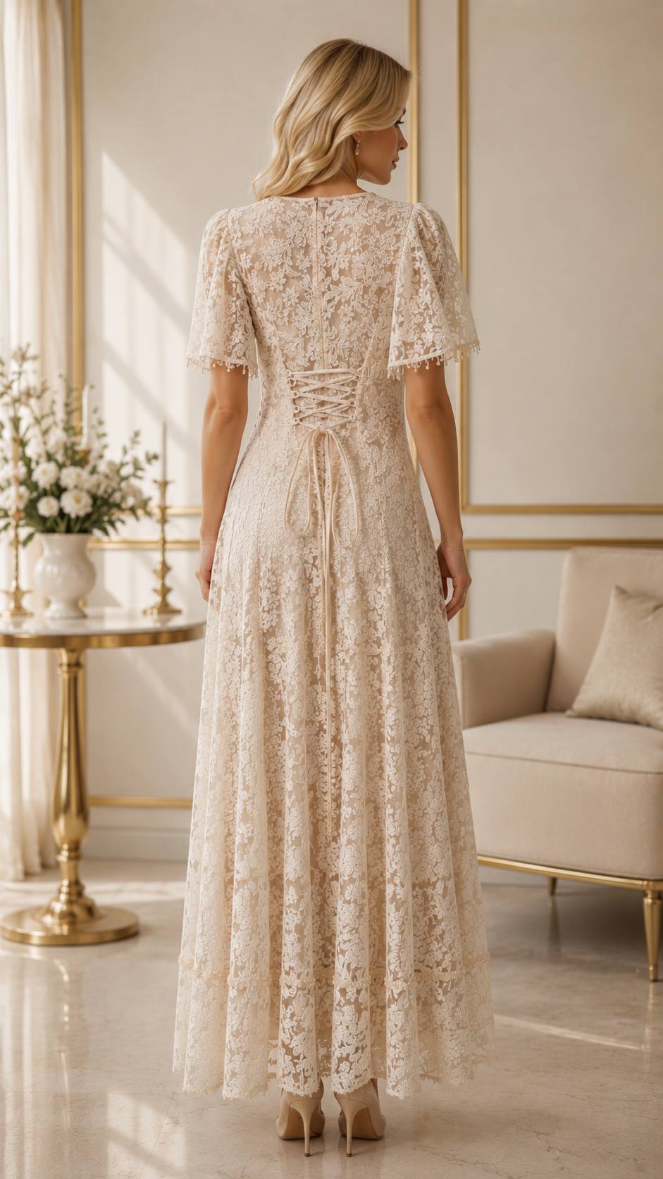 Aurora Lace Corset Back Maxi Dress – Champagne Beige