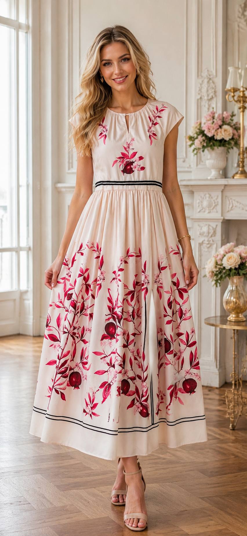 Blush Botanical Print Midi Dress with Contrast Waist Detail