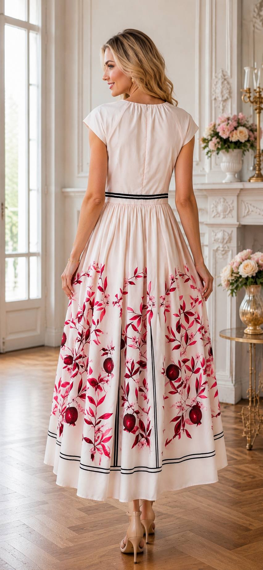 Blush Botanical Print Midi Dress with Contrast Waist Detail