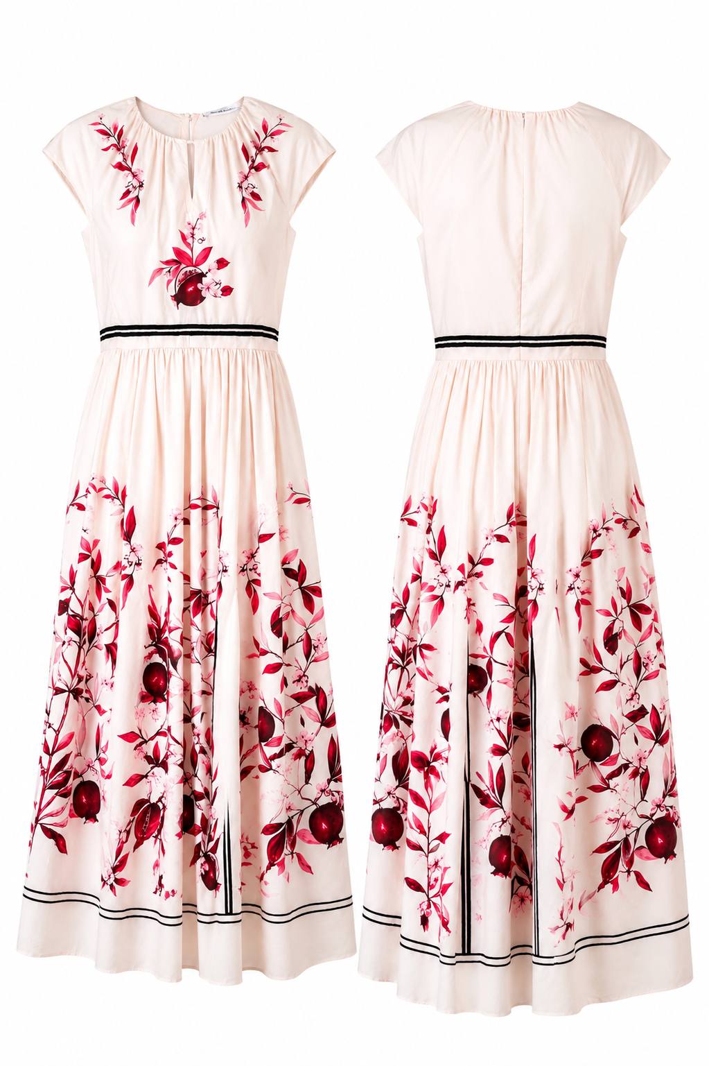 Blush Botanical Print Midi Dress with Contrast Waist Detail