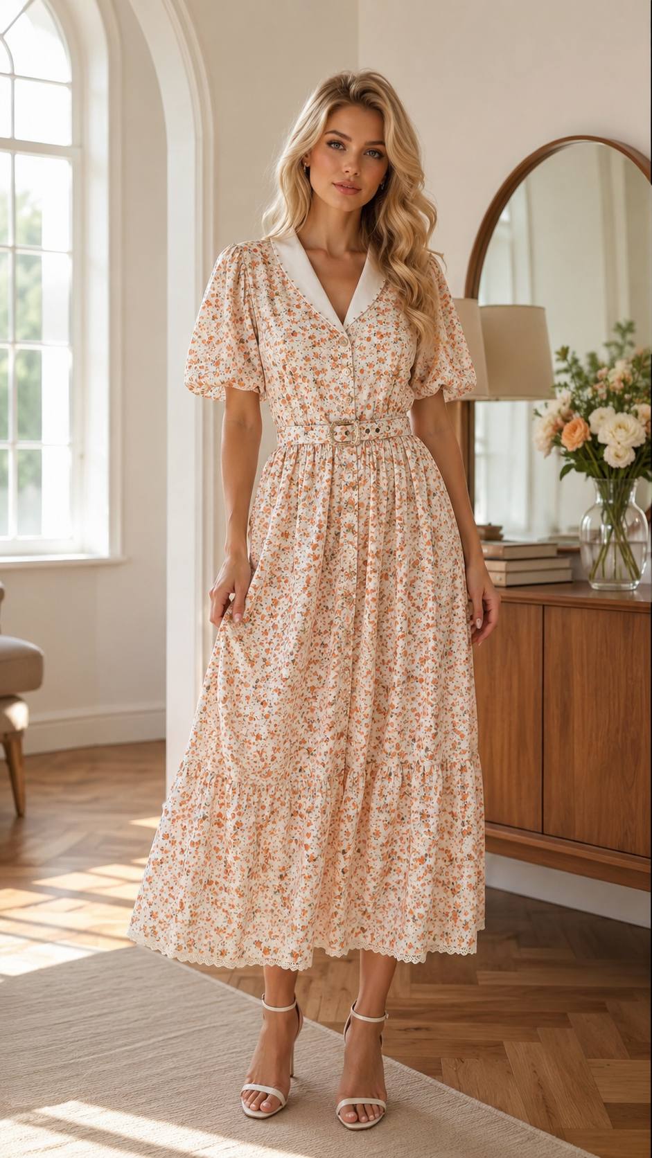 Rosalie Floral Midi Dress with Elegant White Collar & Belt