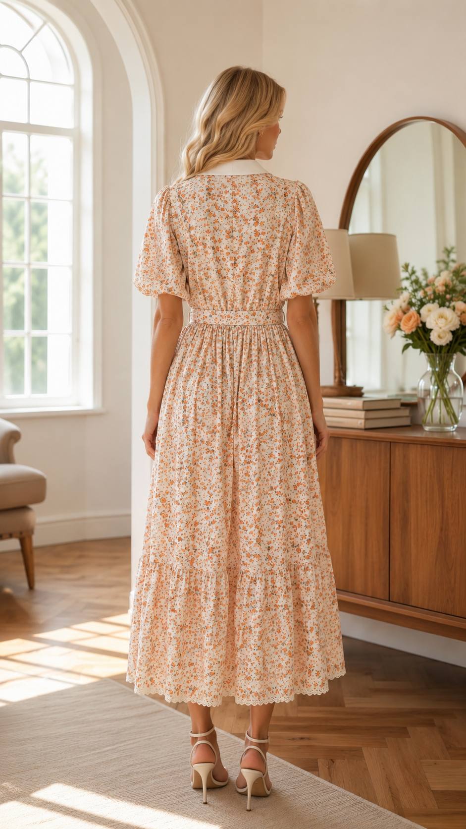 Rosalie Floral Midi Dress with Elegant White Collar & Belt