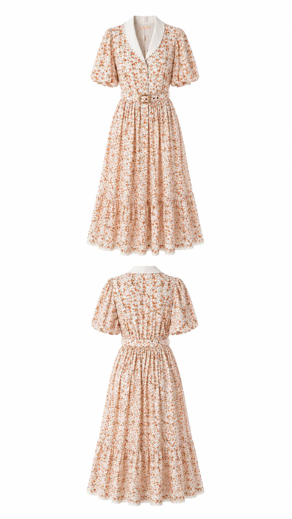 Rosalie Floral Midi Dress with Elegant White Collar & Belt