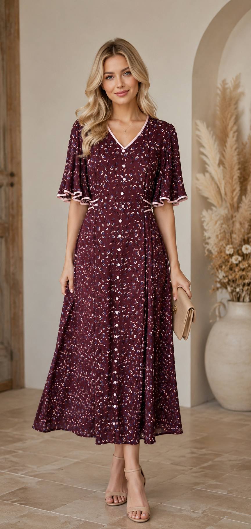 Burgundy Floral Button-Front Maxi Dress with Flutter Sleeves