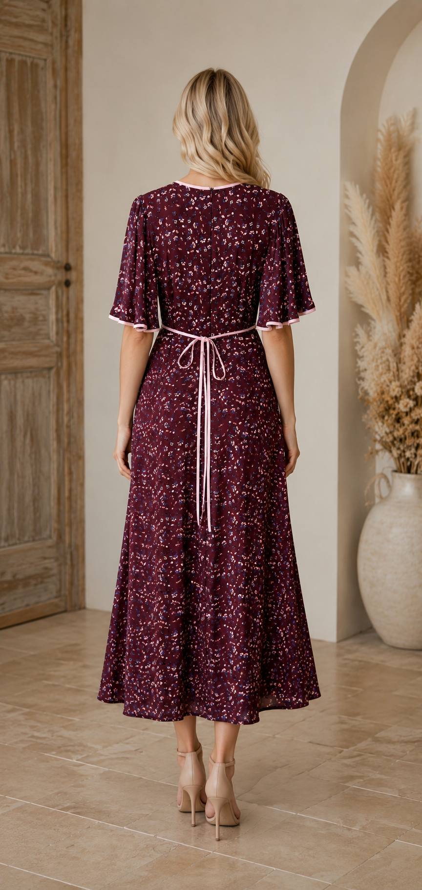 Burgundy Floral Button-Front Maxi Dress with Flutter Sleeves